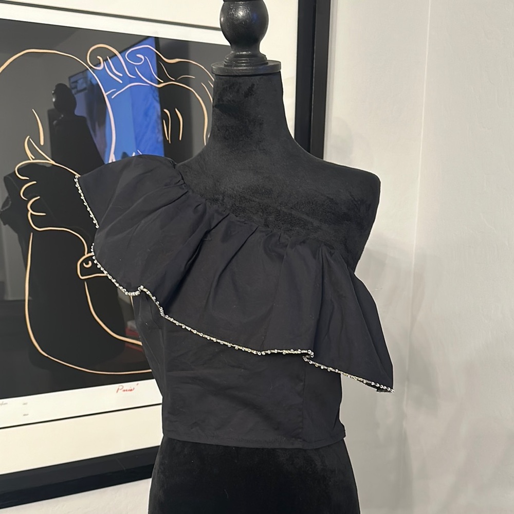 Elegant Black Off-Shoulder Top with White Detailing